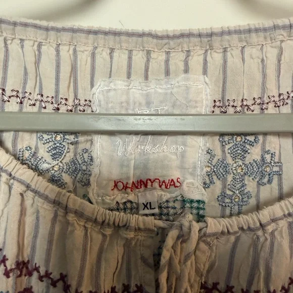 Johnny Was Striped Embroidered Blouse - Blue and Red - Picture 2 of 9